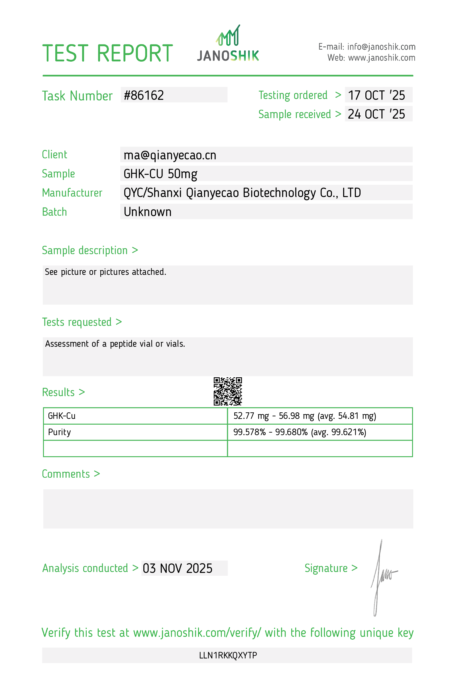 Certificate of analysis for lot J86162