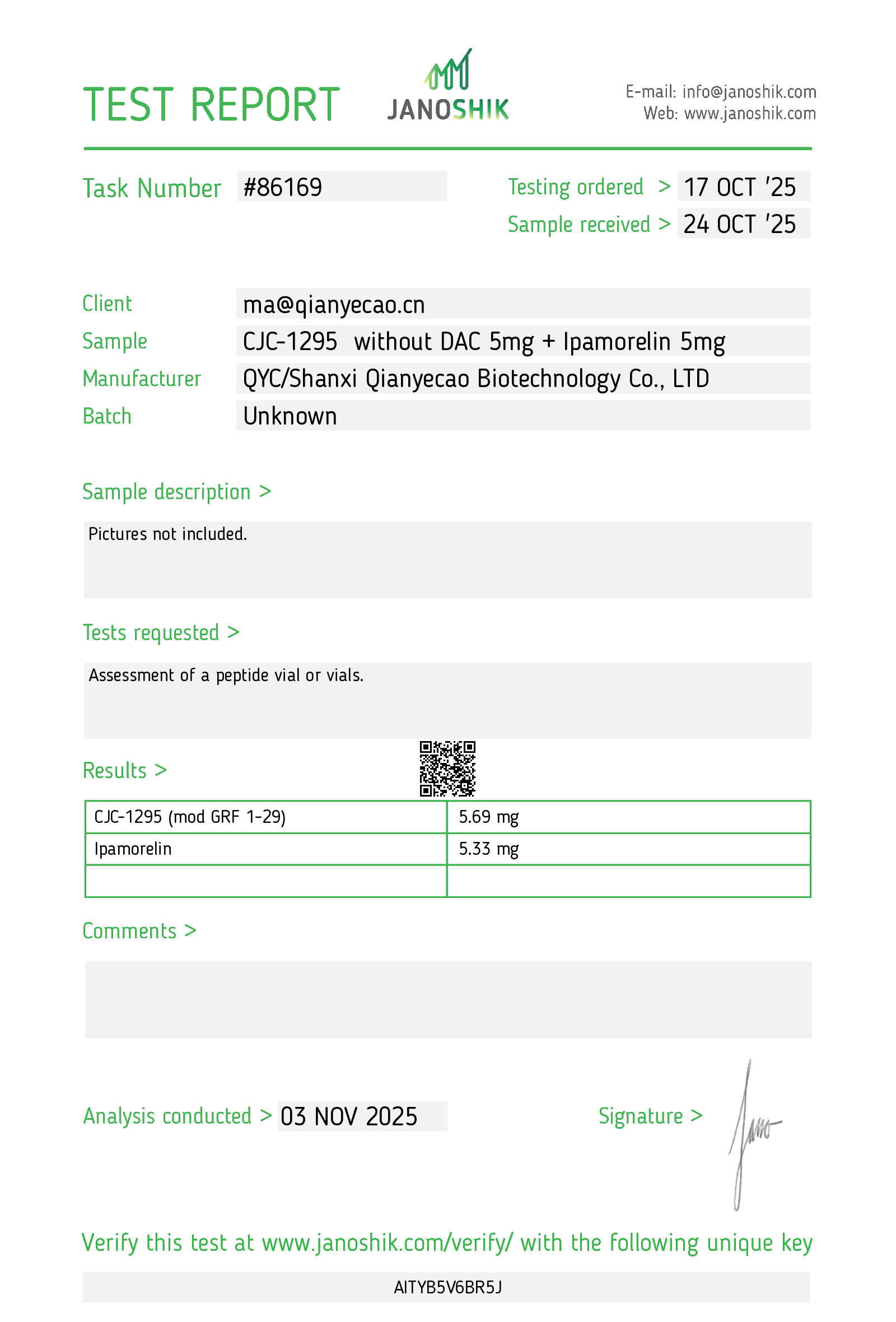 Certificate of analysis for lot J86169