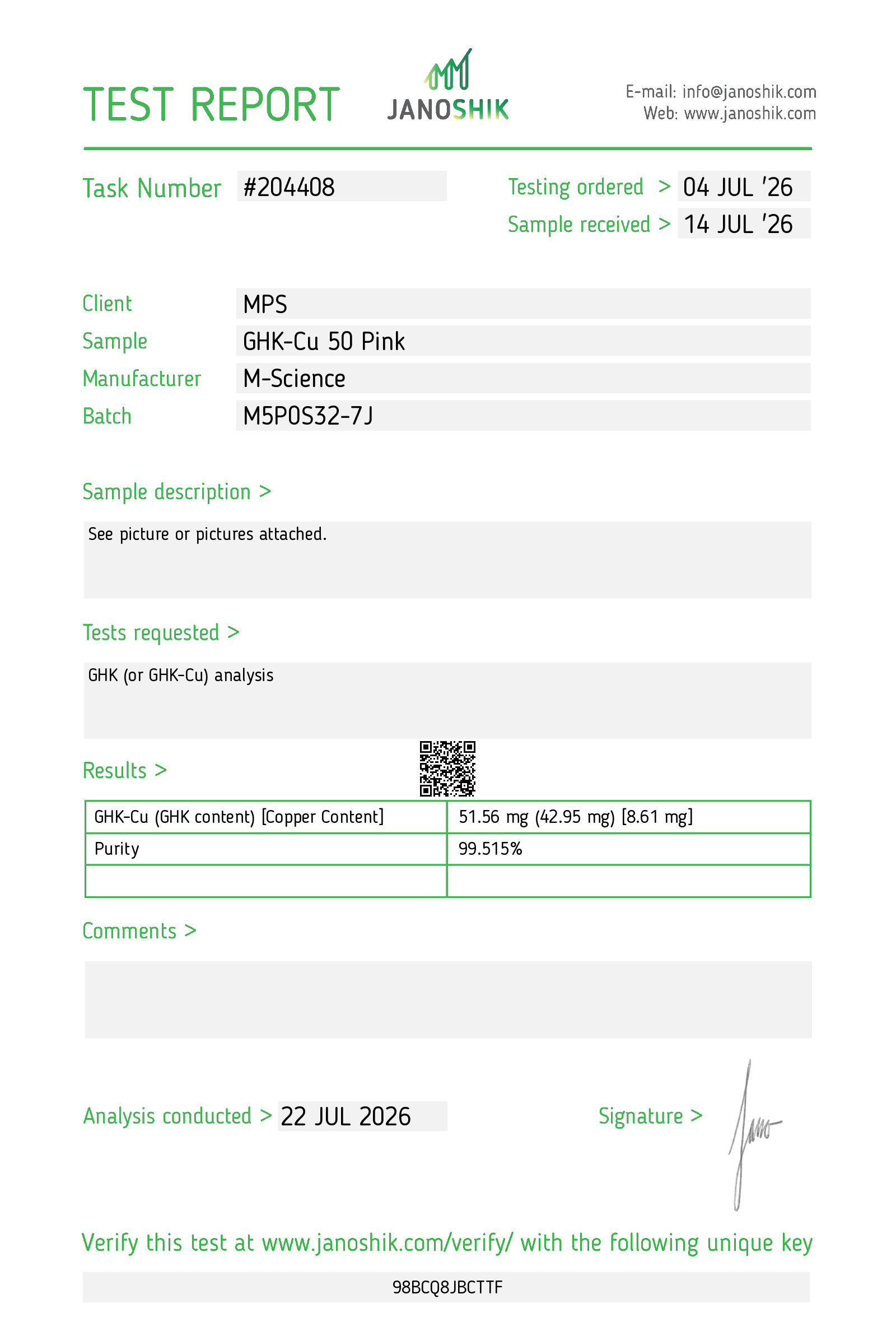 Certificate of analysis for lot M5P0S32-7J
