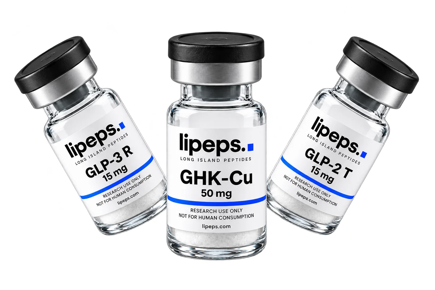 Three illustrative LiPeps research vials, arranged in an outward fan